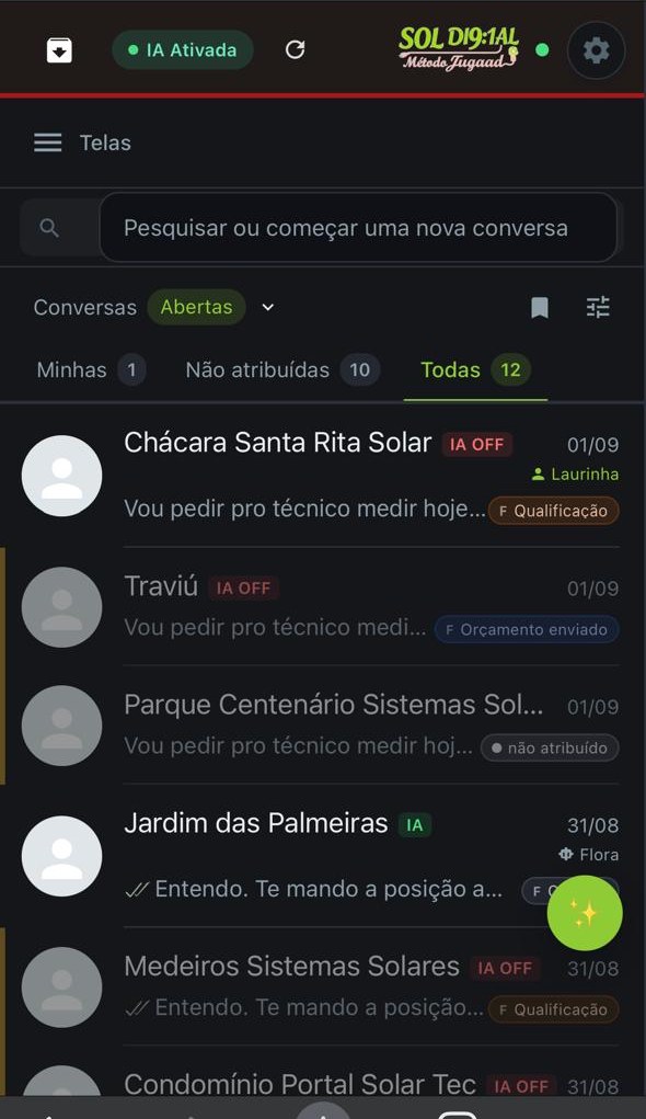 Lista de conversas do painel, cada linha com etiqueta de etapa, responsável e estado da IA.